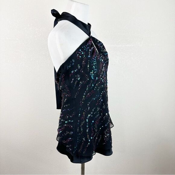DVF Diane Von Furstenberg Black Silk Sequin Halter Disco Retro 90s Y2k Top 10 - Picture 6 of 9